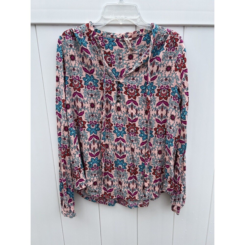Red Camel Top Womens Medium Boho Neck Tie Long Sleeve Multicolor Floral